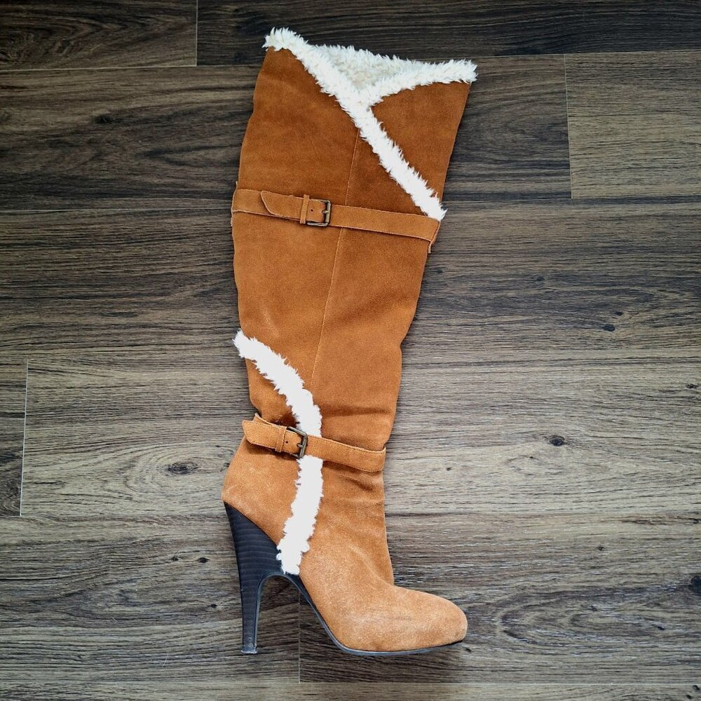 💙 H by Halston Suede Leather Fur Boots Size 8 Warm Cute Winter Nordic
